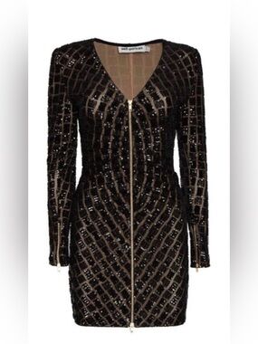 Self-Portrait Black Sequin Zip-Front Long-Sleeve Mini Dress with Gold Hardware
